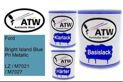 Ford, Bright Island Blue Pri Metallic, LZ / M7021 / M7027: 1L Lackdose + 1L Klarlack + 500ml Härter - Set, von ATW Autoteile West.